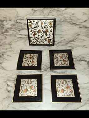 Otagiri Japan Black Lacquerware Square Coaster Set With Storage Box Floral 1970s
